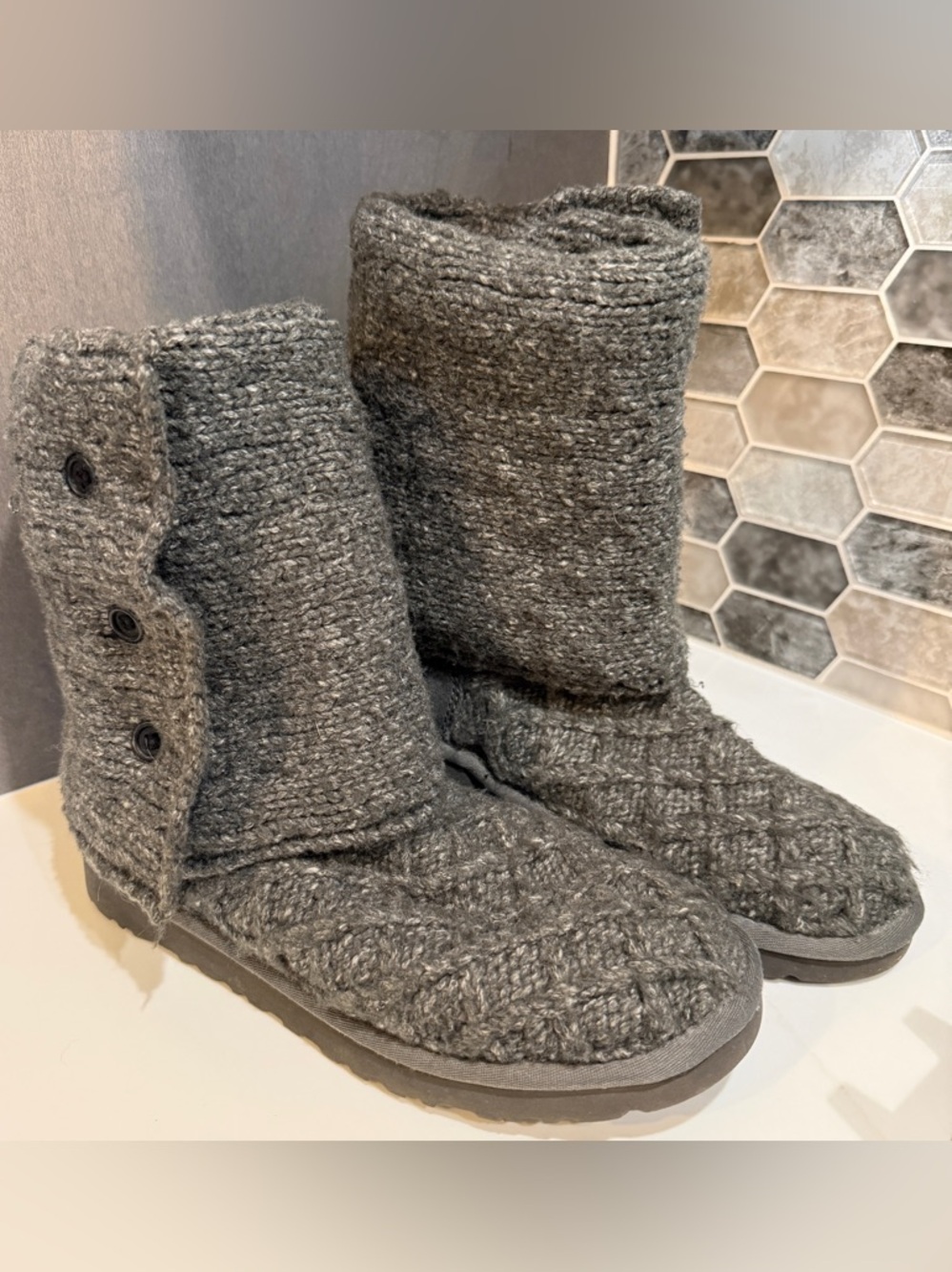 UGG Australia Women’s Grey Knit Mid-Calf High Ugg Boots, Sweater Cardigan Knit